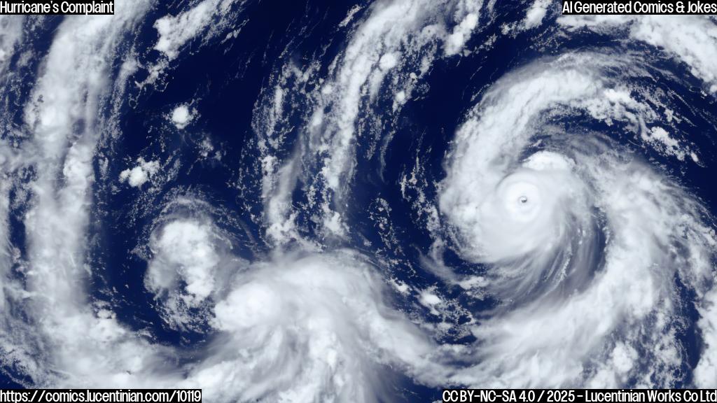 A light blue cartoon hurricane cloud with a grumpy face is centered in the image. The background is plain pale yellow.