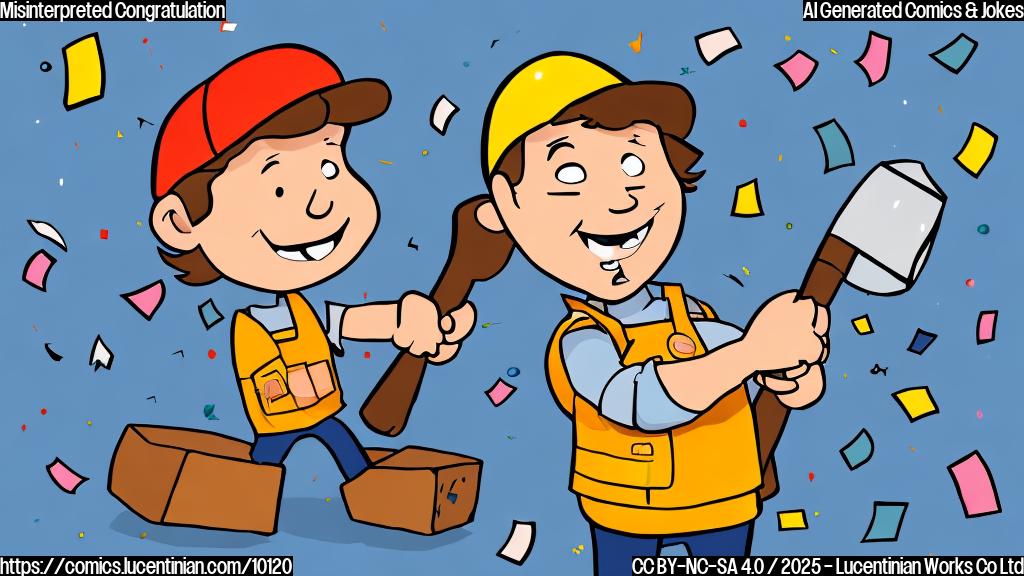 A plain cartoon style picture of a smiling carpenter holding a shiny new hammer. People are throwing confetti and handing him baby gifts. The carpenter looks confused. The background is a light blue.