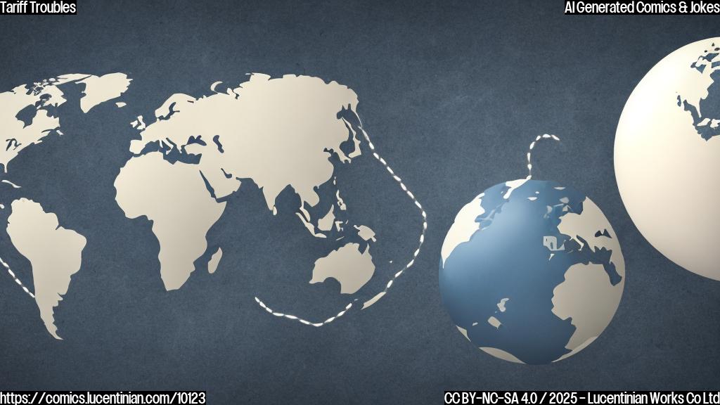 Cartoon of a sad-looking globe with a punctured balloon beside it, both under a dark cloud labeled "Tariffs". The globe has a tiny frown. The color palette is muted and plain.