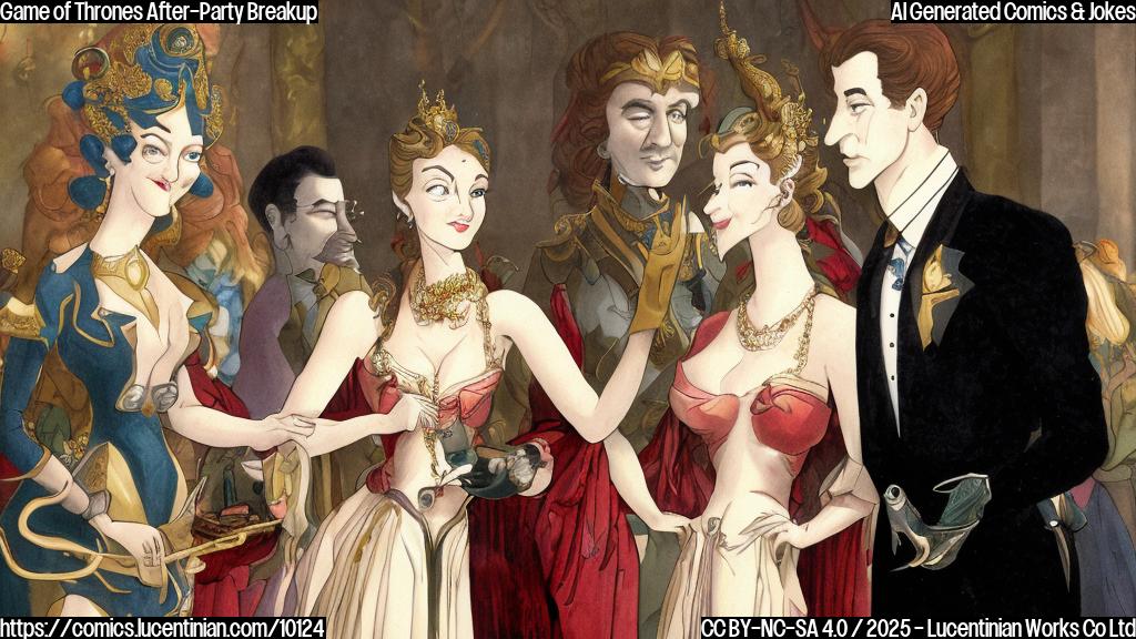 A plain color cartoon style picture of two generic celebrities at a fancy party looking shocked, with a woman resembling a popular dragon queen character smiling innocently in the background.