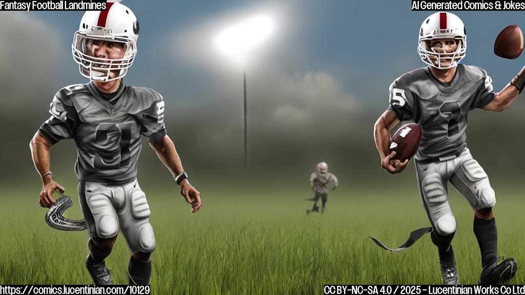 Cartoon of a fantasy football player wearing a helmet and holding a mine detector, walking cautiously through a field covered in footballs.