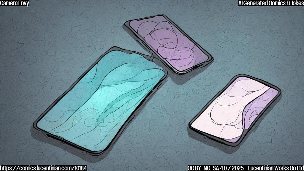 Plain color cartoon style image of two smartphones, one slightly larger than the other, looking sad. The larger phone has a camera lens that is noticeably bigger and brighter. The smaller phone is looking up at the larger phone with an expression of disappointment.