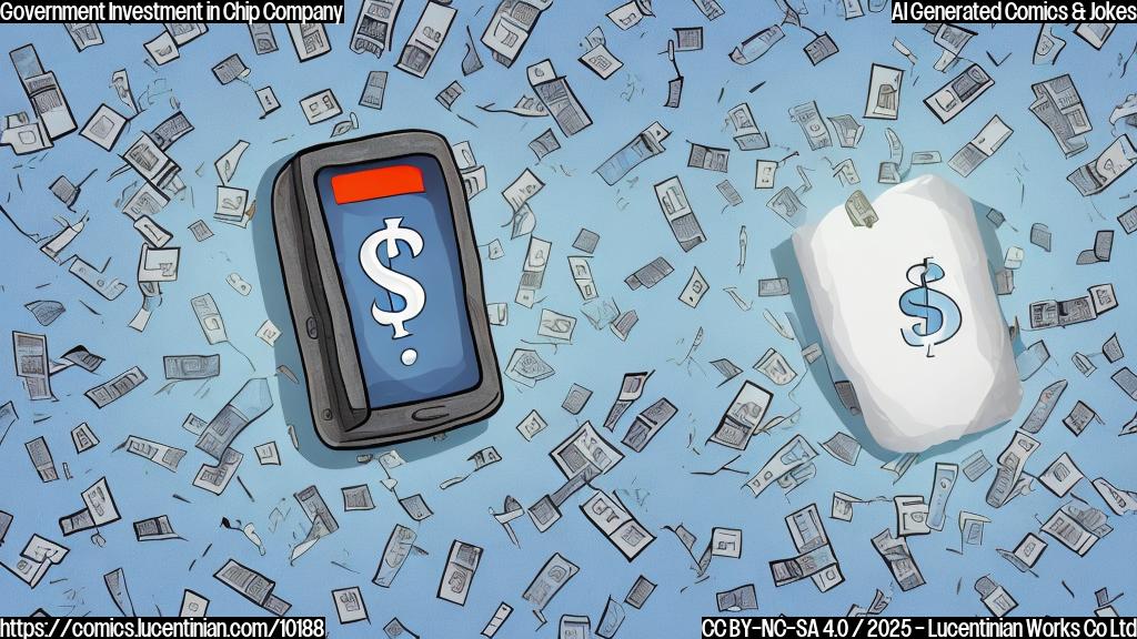A cartoon style image, solid light blue background, featuring a sad looking microchip with a bandage on its corner and a small bag with a dollar sign on it next to it.
