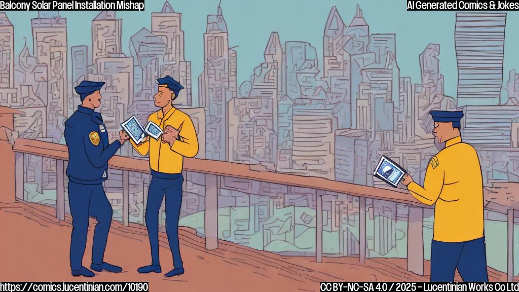 A cartoon illustration of a person looking surprised while holding a small solar panel on their balcony, with a city skyline in the background. A police officer is handing them a ticket. The style is simple and colorful, using plain colors and bold outlines.