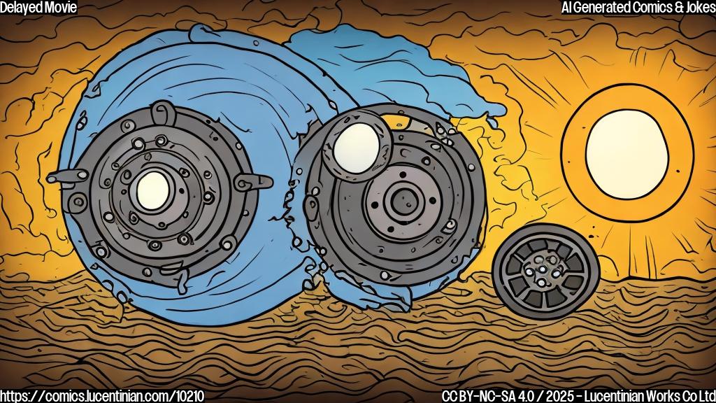 A simple cartoon image depicting a film reel stuck in mud, with a frustrated-looking cartoon sun in the sky. The style should be plain and colorful.
