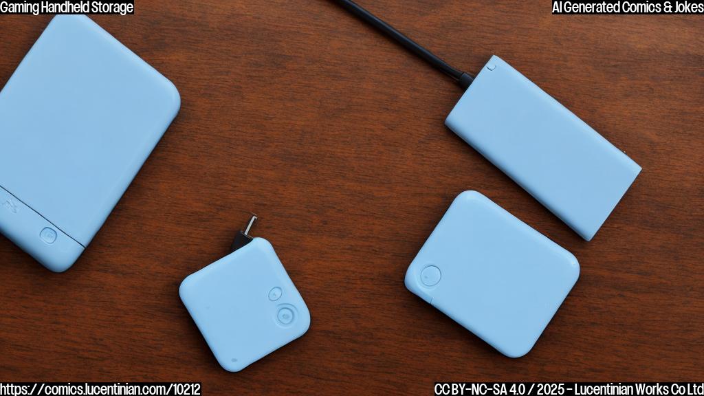 A sad-looking small, light-blue portable game console is saying goodbye to a smiling tiny, blue removable mini SSD, on a white table.