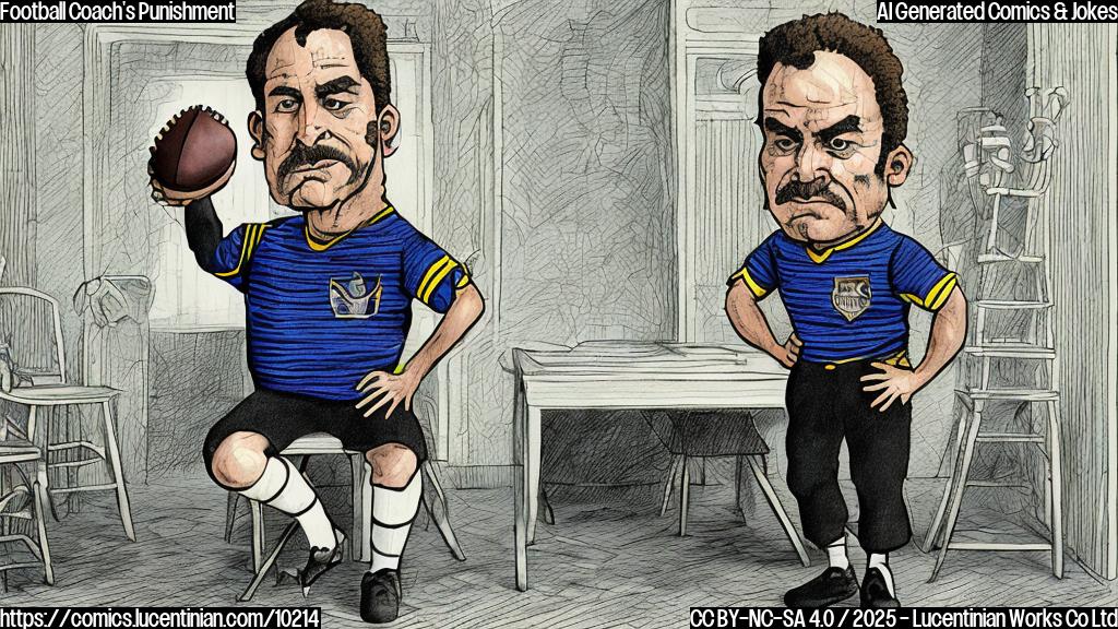 A plain color cartoon style image of a grumpy looking football coach sitting on a stool in the corner of a room. He is wearing a striped referee jersey and a dunce cap. The room is otherwise empty.
