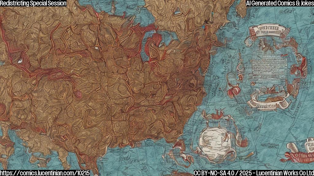 A cartoon style image of a map of an unnamed state being redrawn with crooked lines. A red coffee stain is visible on the map. Two hands are visible, one holding a red pen drawing the lines, the other holding a coffee mug. The color palette is plain and uses primarily beige, red, and black.