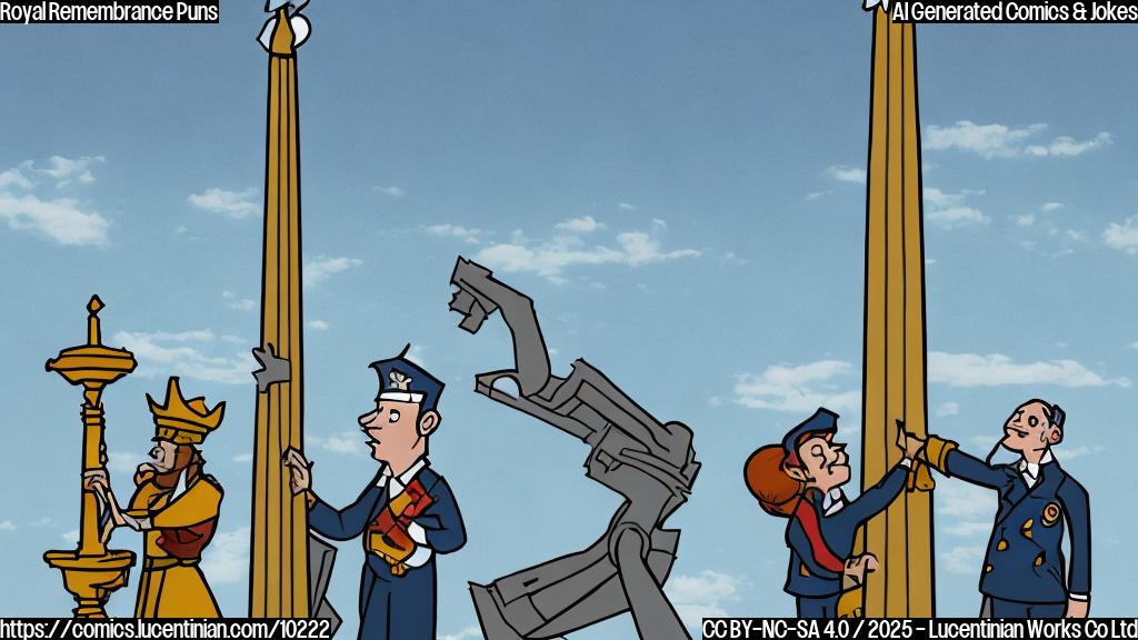Plain color cartoon style picture of a King in a formal suit holding a small ladder next to a generic war memorial obelisk. The sky is light blue.