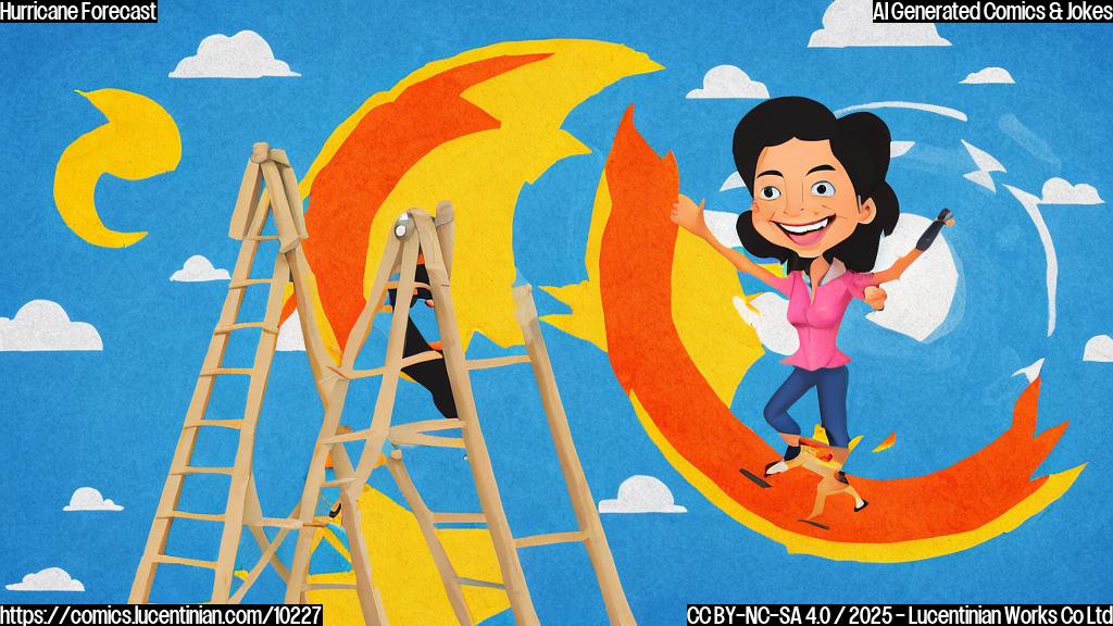 Cartoon of a smiling, colorful weather reporter holding a ladder in front of a weather map showing a very high hurricane symbol, all in a simple, plain color style.