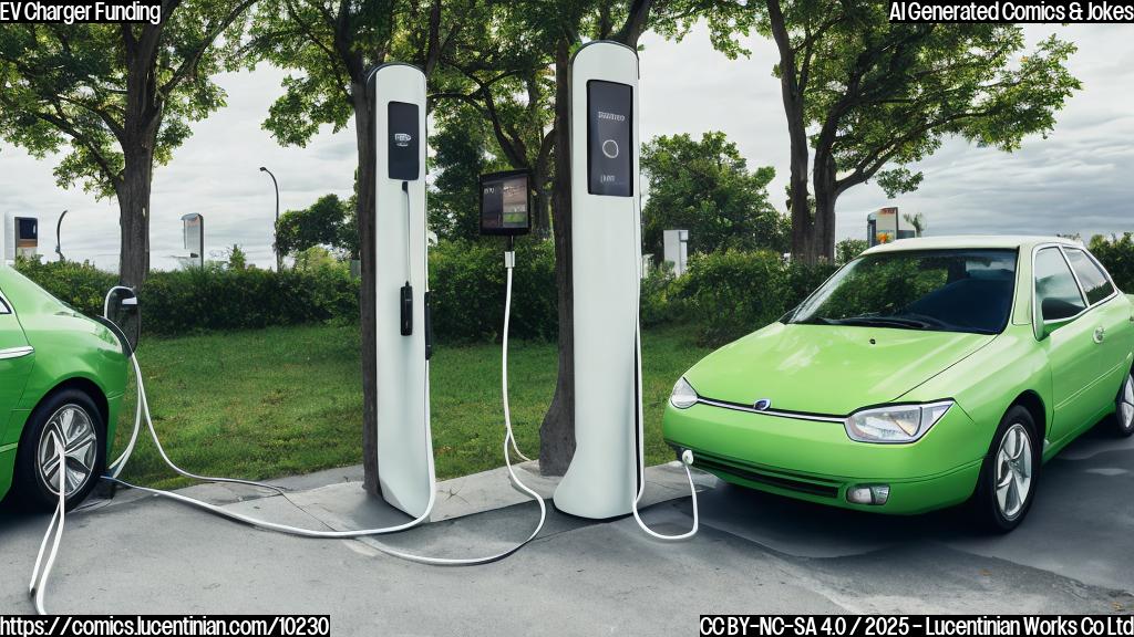 A disgruntled-looking old car with square headlights and a rusty bumper is parked far away from a sleek, modern electric vehicle charging station. The charging station is colored bright green and has a single electric car symbol on it. The background is a flat, light blue sky.
