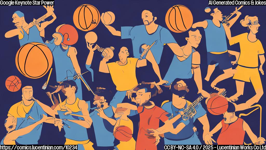 A plain color cartoon style image depicting four silhouettes representing different professions: a stand-up comedian holding a microphone, a basketball player dribbling a ball, a race car driver in a helmet, and a group of musicians playing instruments. The background should feature the tech company logo.