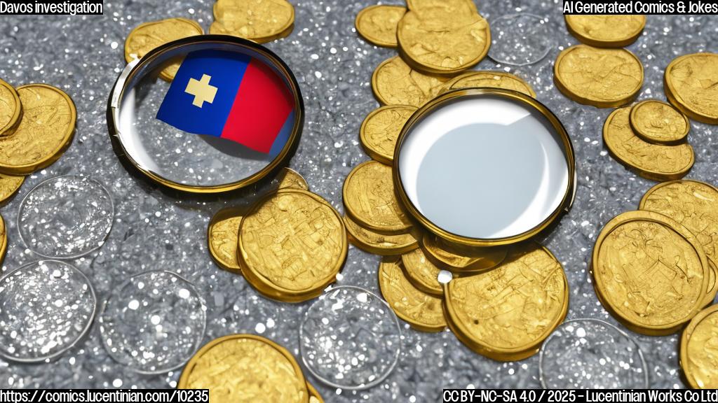 Plain color cartoon style picture of a magnifying glass hovering over a sparkling clean pile of gold coins, with a tiny Swiss flag waving nearby.
