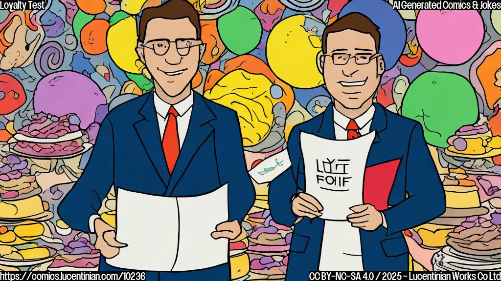 A plain color cartoon style image of a person in a suit holding a document labeled "Loyalty Oath" while standing next to a table full of colorful desserts. The style should be simple and humorous.