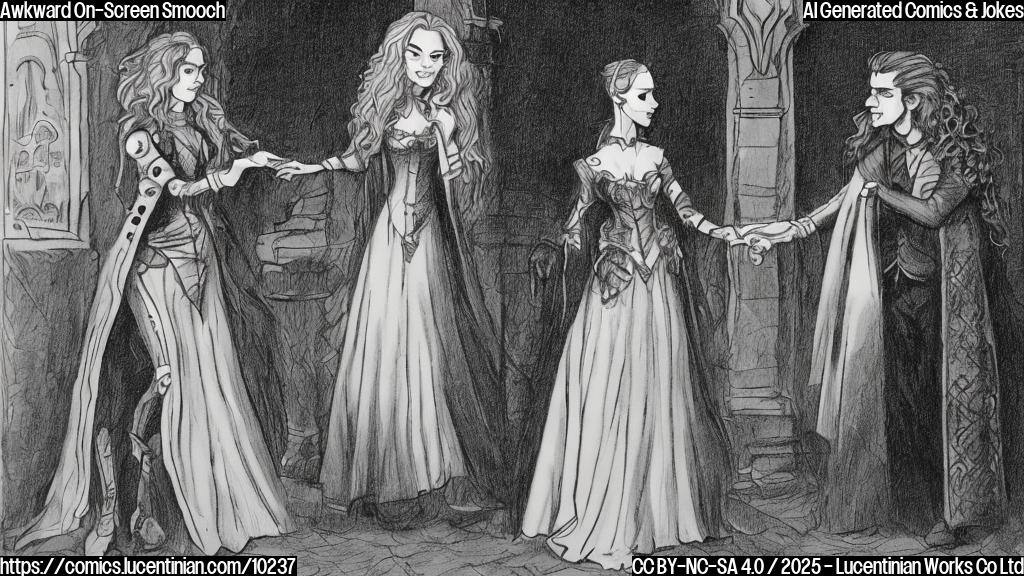 A cartoon drawing of two actors in gothic costumes looking disgusted after an on-screen kiss. One actor has long blonde hair and the other has long dark curly hair, with a plain light green background.