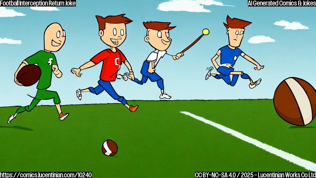 A plain cartoon style illustration of a green football field with a brown football hovering in the air. A simple stick figure wearing a blue football uniform is running with the football, while another stick figure in a red uniform is trying to catch him. In the background, a simplified stadium can be seen with a bright yellow sky.