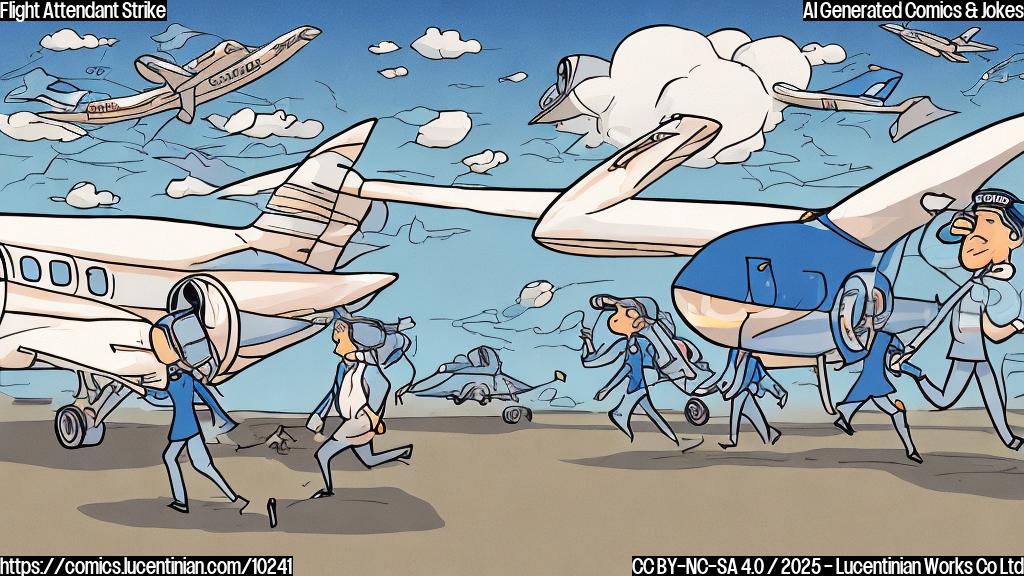 A plain color cartoon image depicting a grounded airplane with a group of small, stylized figures (representing flight attendants) walking away from it, each carrying tiny picket signs. The color of the airplane and the figures is light blue, and the ground is a plain tan.