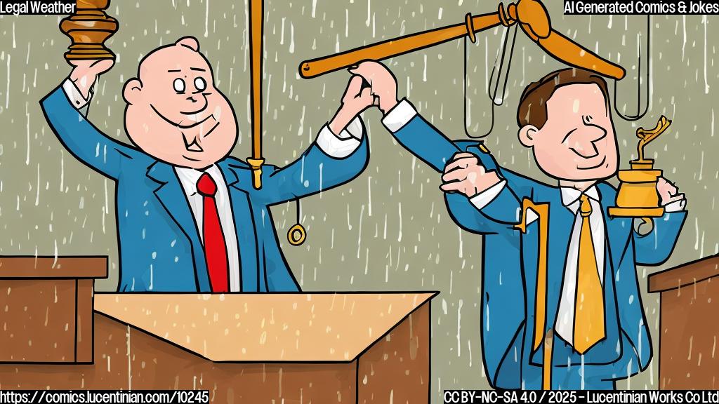 Cartoon illustration of a lawyer in a suit standing in a courtroom, conjuring rain clouds with a gavel. The scene is brightly colored and stylized.