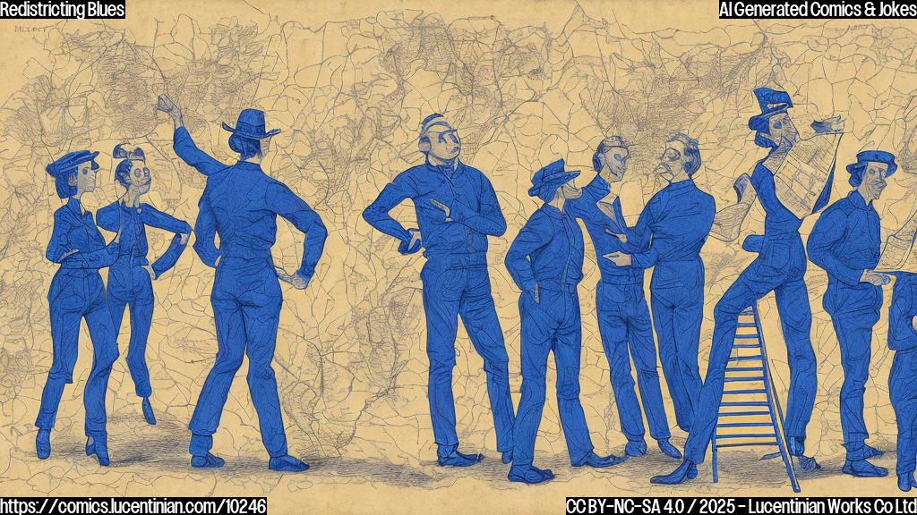 Cartoon style image of a group of people, dressed in blue, standing around a map of California. One of them is holding a very tall ladder and winking. The map appears to be stretched and pulled in odd directions. The background is a plain, light blue color.