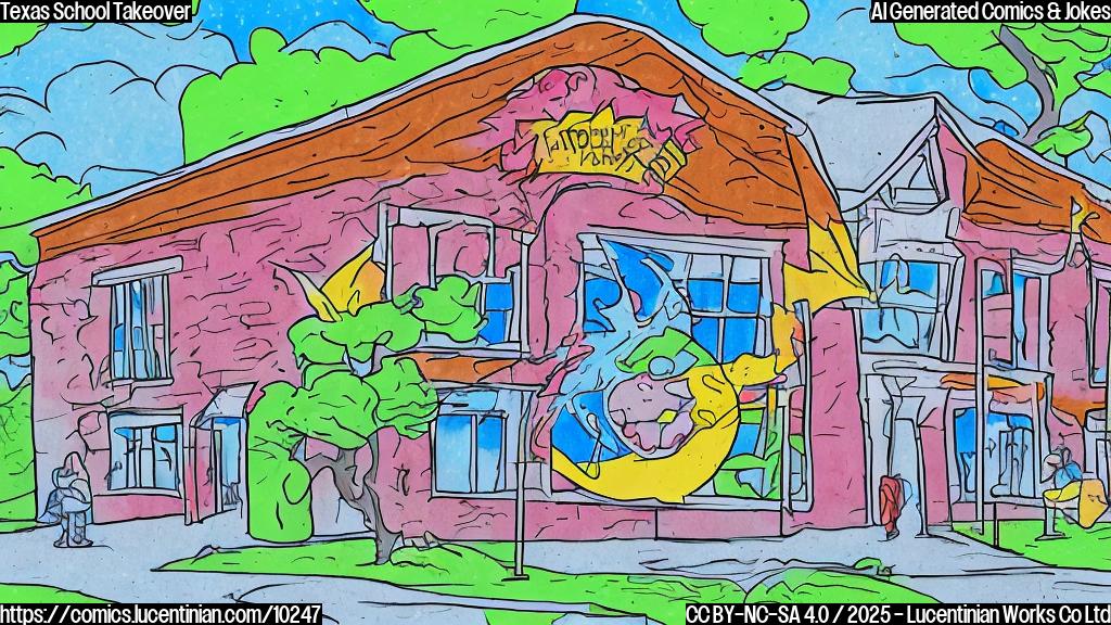 A cartoon drawing of a worried-looking school building in Texas, sweating nervously. Report cards are flying around it. Everything is in plain, bright colors.