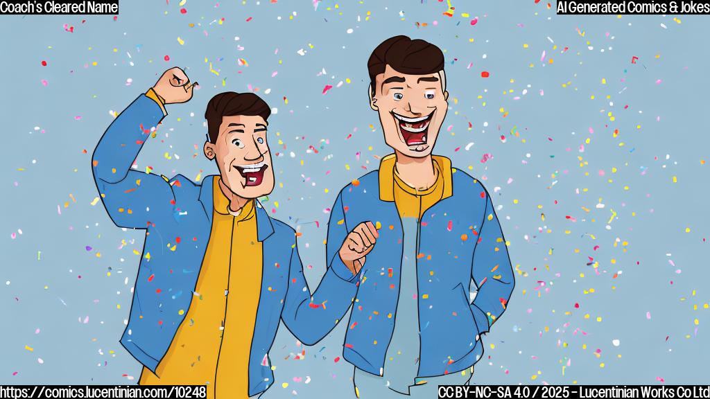 Cartoon style image of a man in a blue coach jacket celebrating, confetti falling around him, with a large, clean whiteboard behind him. The man has short brown hair and a happy expression. The whiteboard is blank and pristine. All on a plain, light blue background.