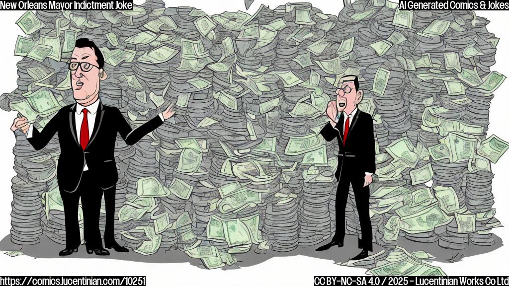 A cartoon style drawing of a person in a dark suit labeled "Politician" whispering to another person in a suit and sunglasses labeled "Bodyguard", both standing next to a large pile of money, all in plain colors.
