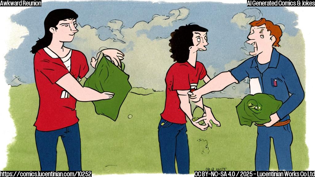 A plain color cartoon drawing of a young woman with reddish-blonde hair handing a green barf bag to a young man with curly dark hair. They both have disgusted expressions.