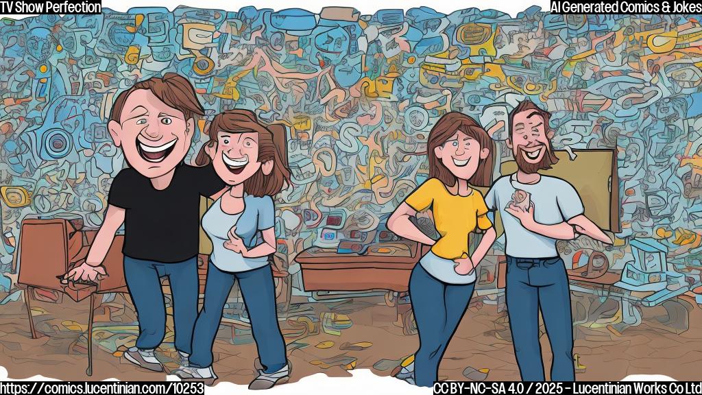 Plain color cartoon style drawing of two smiling, slightly crazed-looking creators (one male, one female) standing in front of a TV screen displaying chaotic and nonsensical images. The text bubble above them reads "Perfect!".