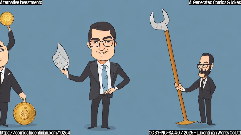 Cartoon drawing of a financial advisor, a person with short brown hair wearing glasses and a blue suit, holding a shovel and standing next to a giant 401(k) coin. The background is a simple plain light blue color.