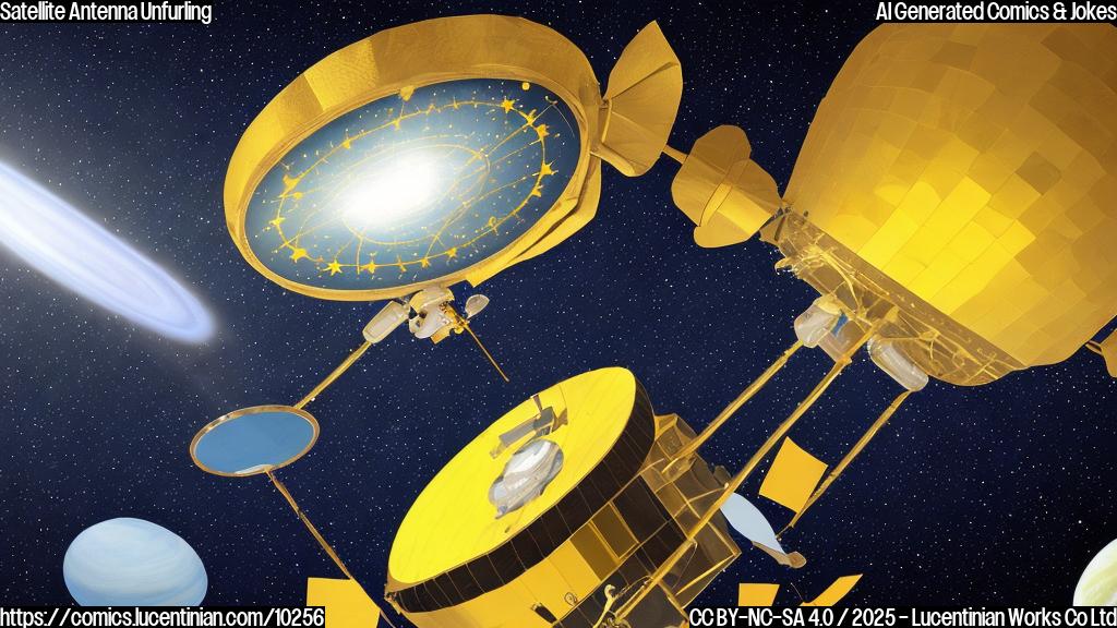 Plain color cartoon style picture of a happy satellite in orbit, with a large, partially unfurled golden radar antenna reflector, against a dark blue space background with small stars.