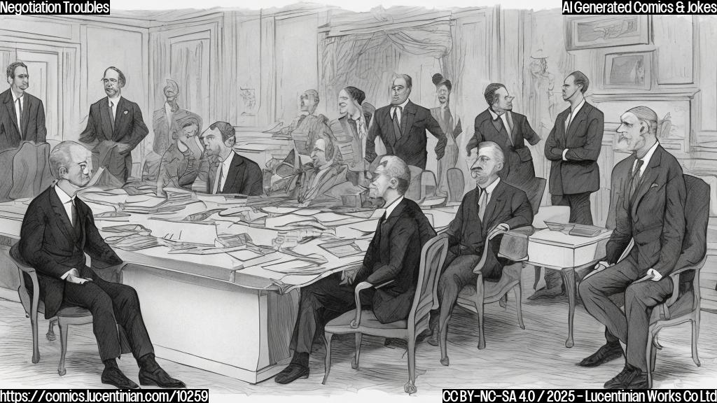 A cartoon style image of two generic diplomats sitting at a large negotiation table. One is holding an empty suitcase open, looking slightly worried. The other diplomat is staring at the suitcase with a raised eyebrow. The background is a plain light blue.