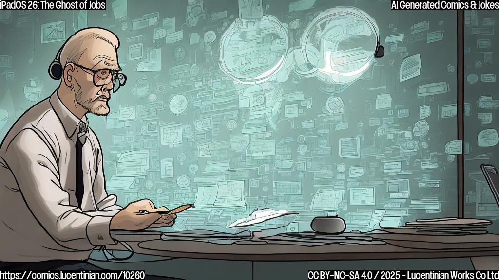 A plain color cartoon style picture of a translucent, spectral tech executive with round glasses looking disapprovingly at a tablet with many windows open on the screen. The tablet is floating in the air.