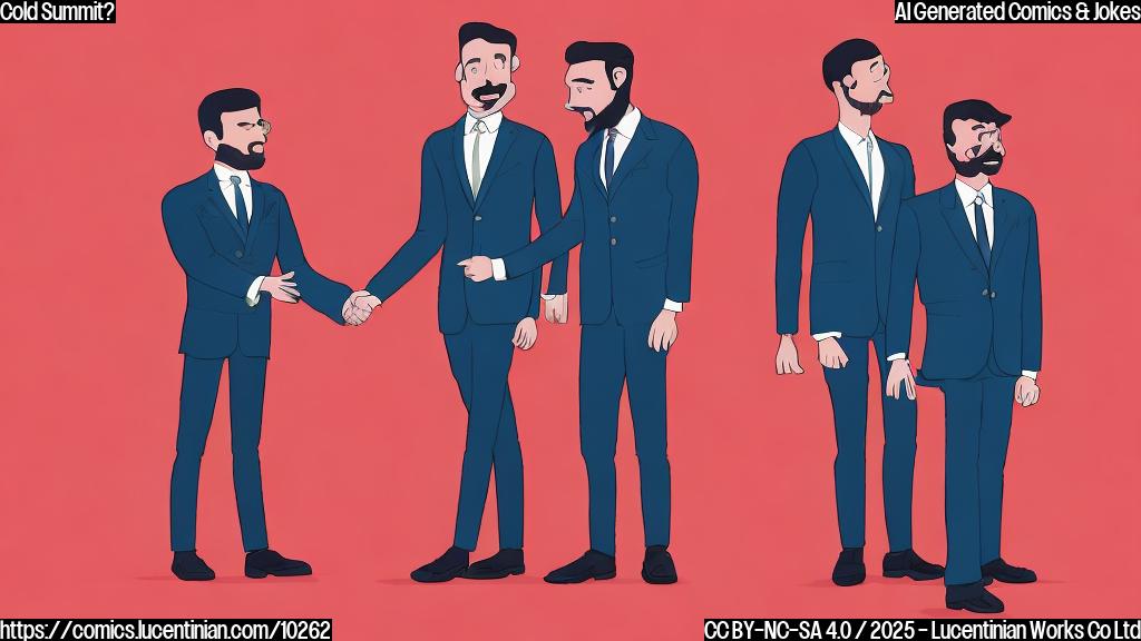 A cartoon illustration of two generic men in suits standing on a red carpet that abruptly stops, leaving one man confused. The background is a plain light blue.
