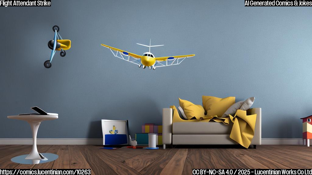 A cartoon airplane with sad eyes sitting in the corner of a room. The room is plain blue.