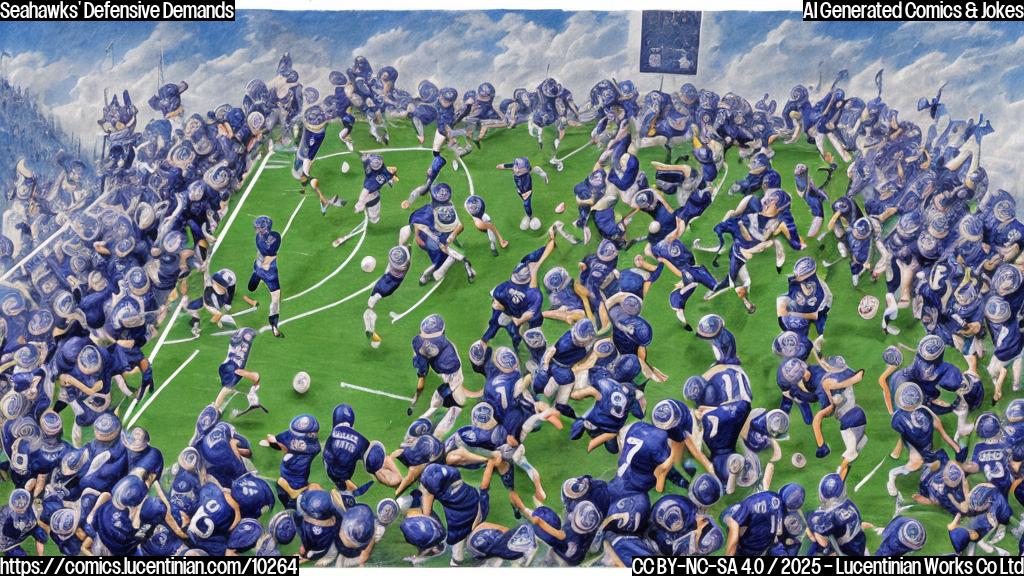 Cartoon of a football field. On one side, a group of players wearing blue and green uniforms are effortlessly scoring points. On the other side, a coach with a whistle and a stern face is pointing upwards at a ladder placed awkwardly on the field. The defensive players are staring blankly at the ladder. The background is a plain light blue.