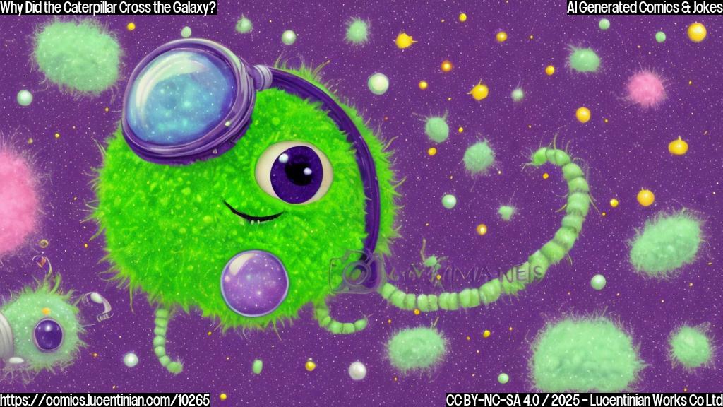 A cartoon of a very fluffy green caterpillar with large, curious eyes, wearing a tiny space helmet, hitchhiking on a shooting star against a deep purple background speckled with stars. The style is simple and colorful.