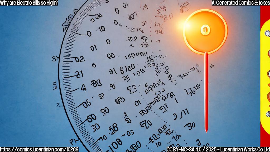 Cartoon of a thermometer showing a very high temperature, next to an electricity bill with a large number on it. Both are sweating. Plain background.