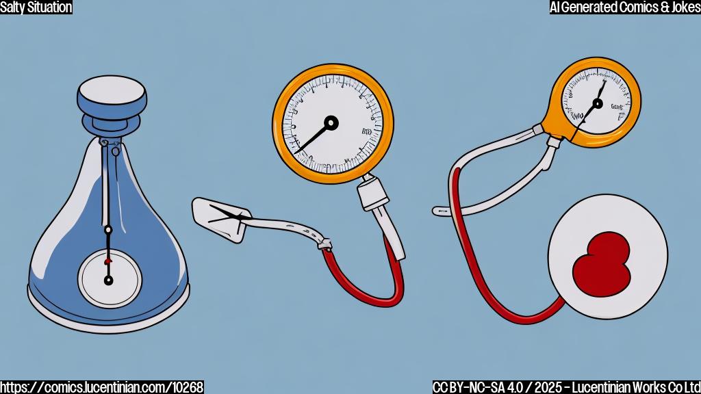 A plain color cartoon style picture of a sad-looking blood pressure gauge turning away from a smiling, but overly enthusiastic, sodium shaker. The background is a light blue.