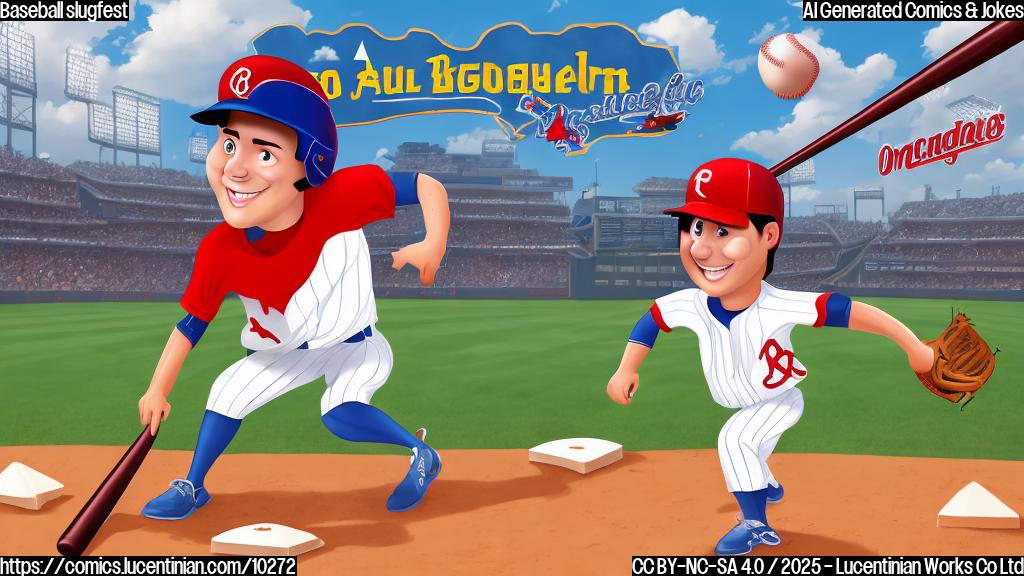 A cartoon image of a baseball player holding a comically large ladder on a baseball field. The background shows a baseball game in progress, with exaggerated expressions of excitement from the other players. The style should be simple and colorful, like a children's book illustration.