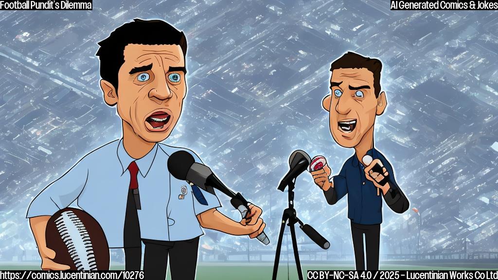 A cartoon image of a confused looking football pundit with a microphone, standing next to a football field where the players are all parked cars instead of running people. The cars are various colors and models, and the pundit is scratching their head with a bewildered expression. The background is a plain light blue color.