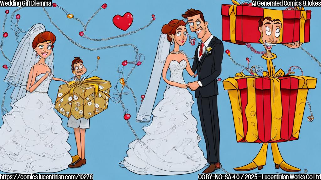A cartoon style image of a bride and groom standing awkwardly, with a giant gift box looming over them. Strings are visibly attached to the box, leading to several cartoon characters representing family members with exaggerated expressions of disapproval and giving unwanted advice. The background is a plain light blue color.