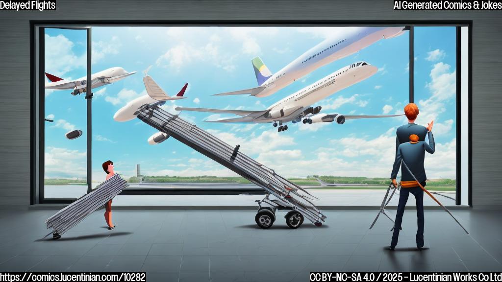 Cartoon image of a frustrated traveler carrying a ridiculously long ladder in an airport terminal, with airplanes visible outside the window, all in plain, pastel colors.