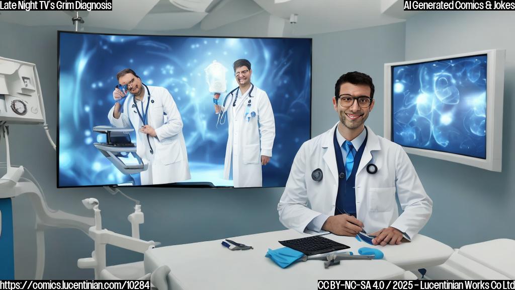 A cartoon style doctor in a white coat looking worriedly at a pale blue television set that's lying on an examination table. Next to them, a vibrant, healthy-looking TV screen is flexing its muscles and smiling confidently. The background is a sterile, cartoon-like hospital room.
