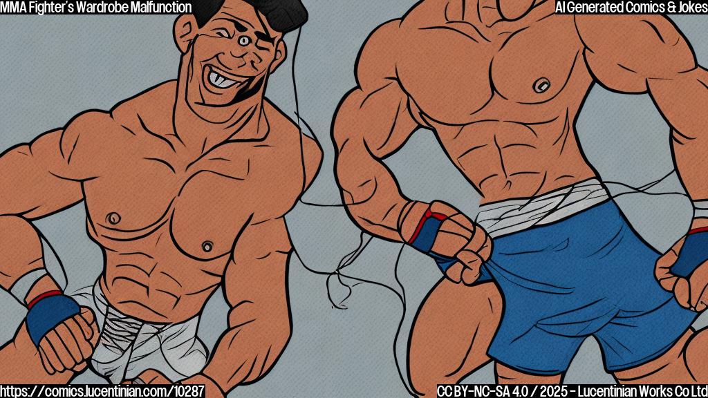 Plain color cartoon style image of a muscular MMA fighter in fighting shorts, grimacing as his shorts are slightly torn. A tiny sewing kit with needle and thread floats humorously nearby.