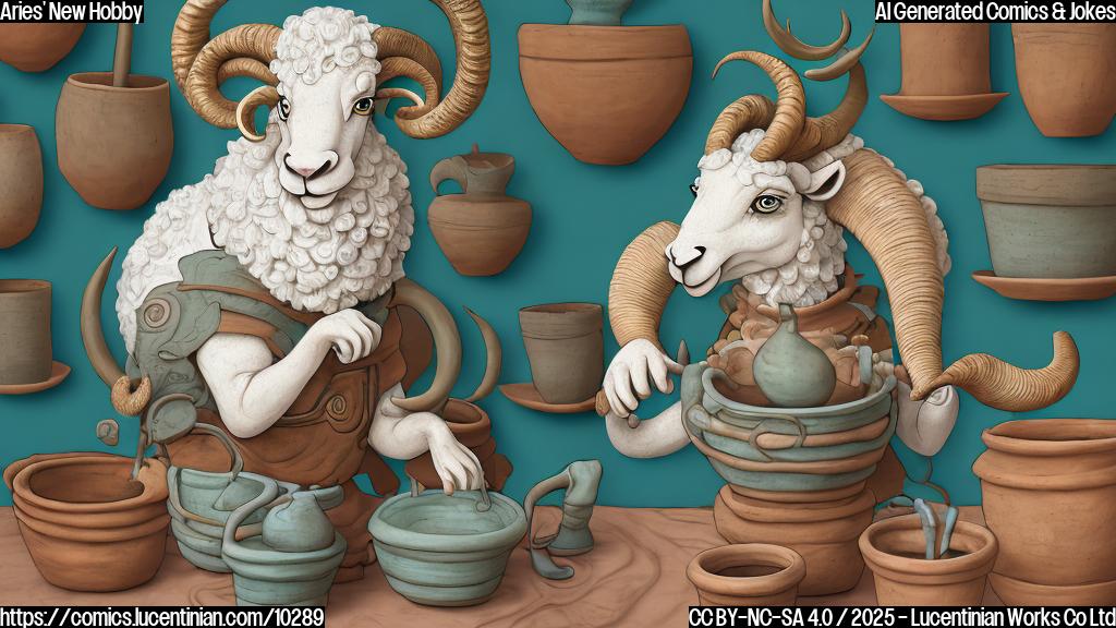 A cartoon style image of a ram-like character with curly horns happily covered in clay, sitting at a pottery wheel and shaping a pot. The background is a brightly lit pottery studio with various finished pots on shelves. The color palette is primarily earthy tones with pops of bright blue and green.