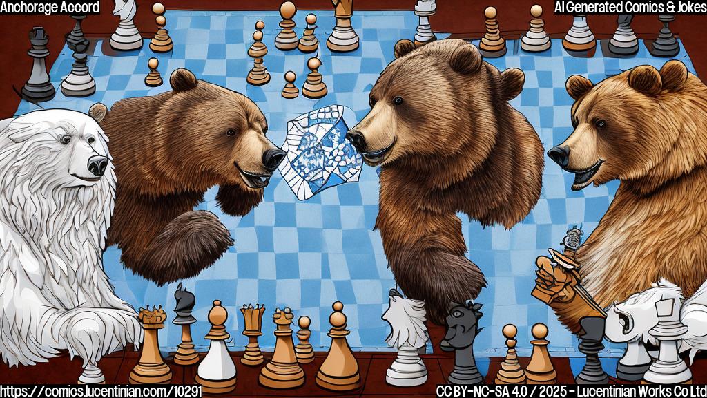 A simple cartoon depicting a bear (representing Russia) playing chess with an eagle (representing the USA) on a chessboard made of an ice floe. The bear is smirking, and the eagle looks confused. The background is a plain light blue. Cartoon style, flat colors.