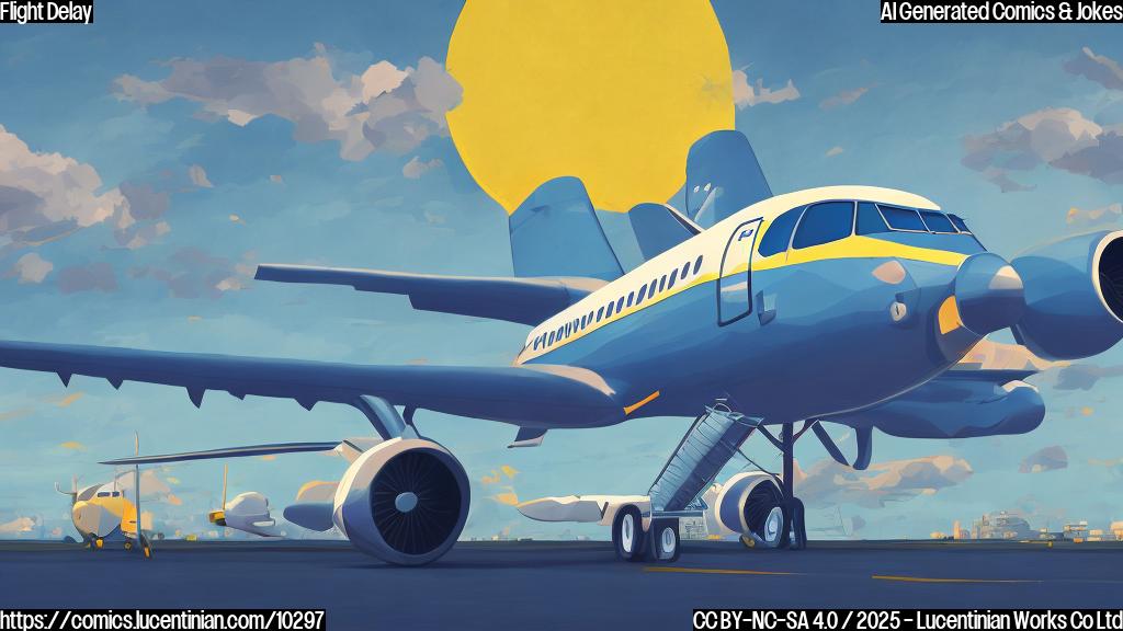 Cartoon style image of a grounded airplane with sad eyes and a downturned mouth. The airplane is light blue and white and surrounded by picket signs that say "Fair Pay!" and "Respect!". The sky is a plain yellow color.