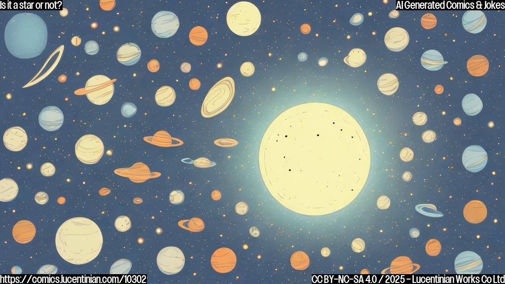 Plain color cartoon style illustration of a confused celestial object with a shimmering aura, surrounded by smaller, equally confused celestial objects. The background is a solid dark blue.