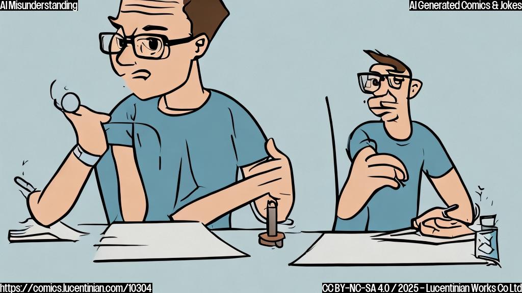 A person with glasses sitting at a desk, sweating slightly, with a speech bubble above his head showing the word "Context!" repeated many times in a jumbled, messy font. The background is a plain light blue. Cartoon style.