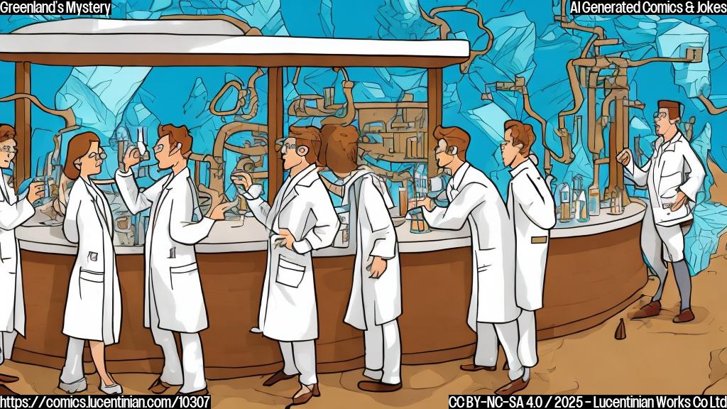 Plain color cartoon style image of shocked scientists in white lab coats standing around a tiki bar inexplicably located beneath a giant glacier. The bar is serving drinks with tiny melting icebergs as garnish.